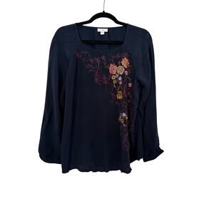 J.Jill Floral Embroidered Peasant Top Womens Large Petite Blue Cottage Whimsy